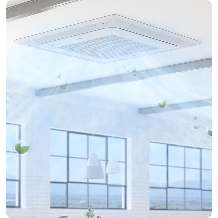 넓은 화이트톤 인테리어의 공간 천장에 무풍 시스템에어컨 4way가 설치된 모습입니다. 에어컨에서 나오는 바람에 나뭇잎 모양의 물방울 이미지가 섞인 듯한 효과가 보여집니다.