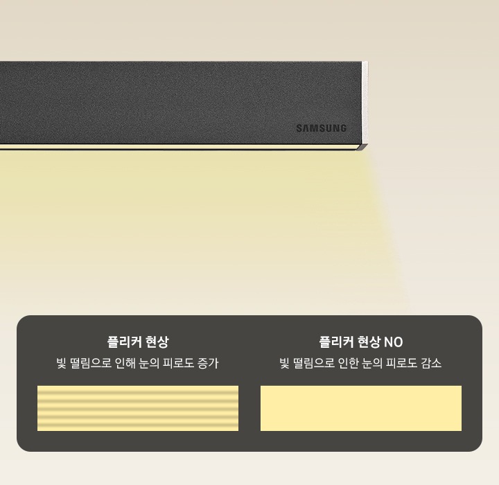 펜던트 조명(블랙)에서 빛이 나오고 있고, 플리커 현상(빛 떨림으로 인해 눈의 피로도 증가)와 플리커 현상 NO(빛 떨림으로 인한 눈의 피로도 감소)를 비교하고 있는 모습입니다.