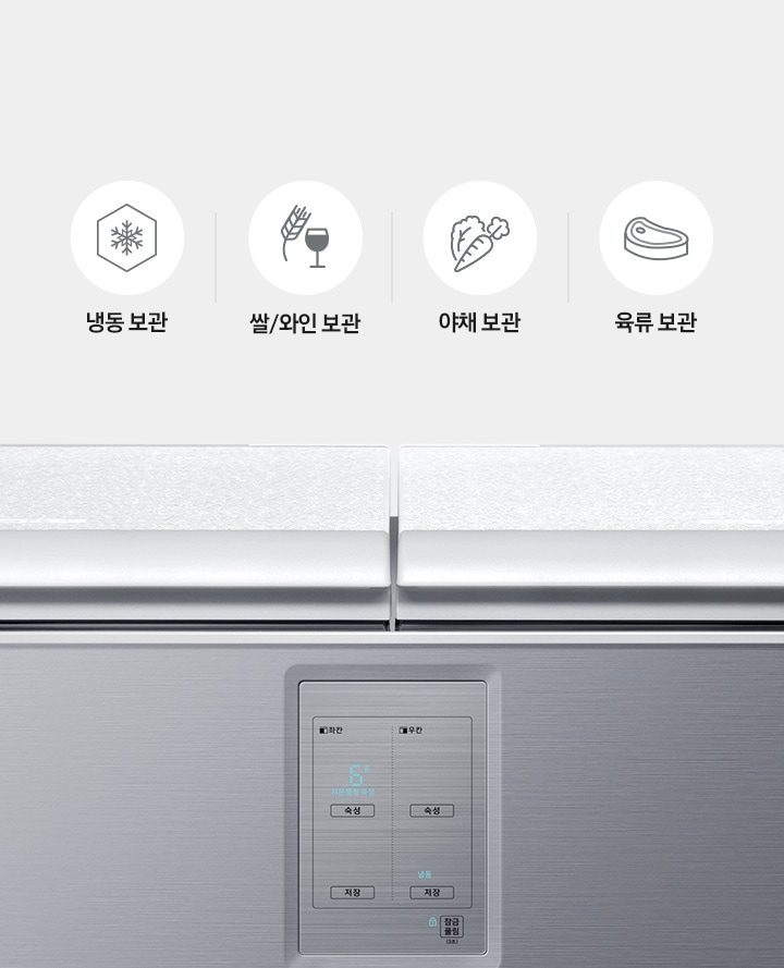 문이 닫힌 김치냉장고와 냉동보관, 쌀/와인보관, 야채보관, 육류보관을 나타내는 아이콘과 텍스트가 보여집니다.