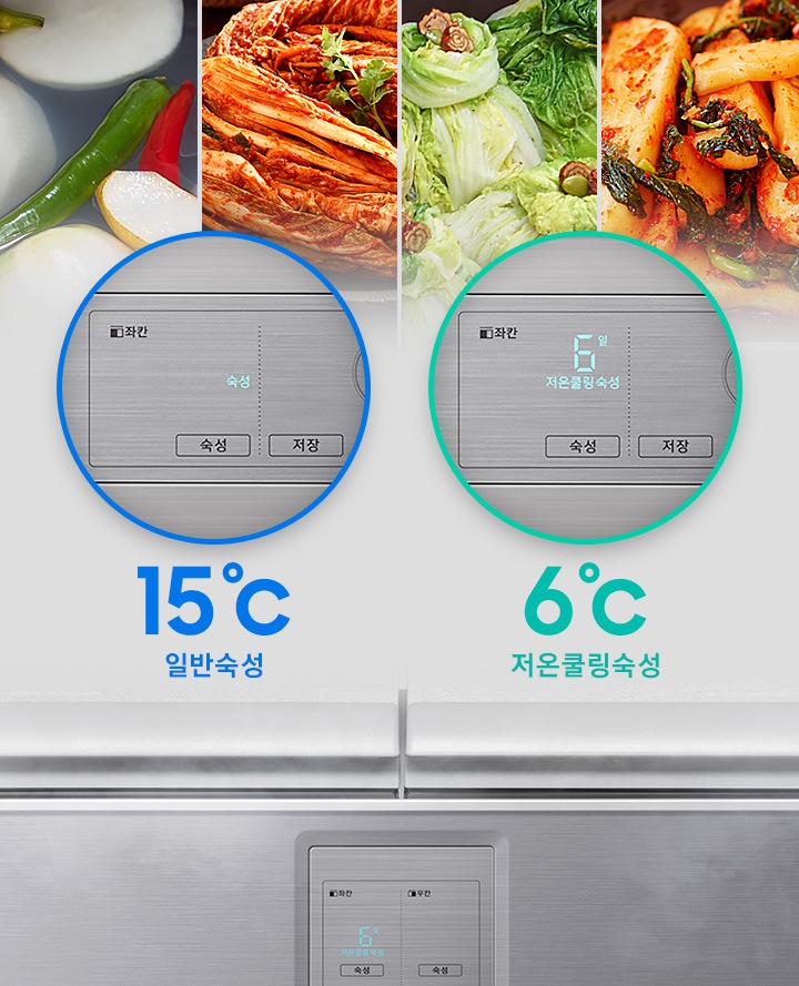 문이 닫힌 김치냉장고가 보이고 일반숙성모드와 저온쿨링숙성 모드시의 조작부 확대된 모습과 아이콘이 보여집니다.