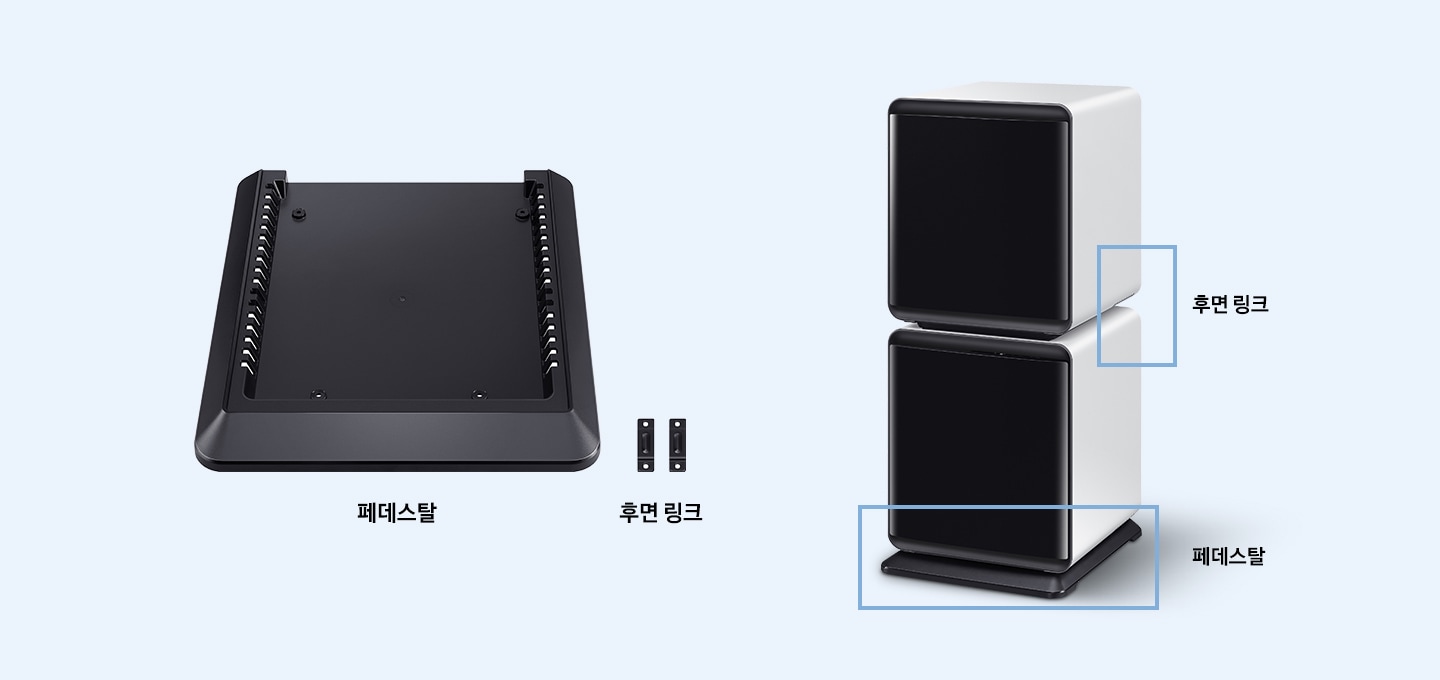 BESPOKE 큐브 냉장고 직렬 설치 키트 구성품 명칭과 제품컷이 나와있습니다. 좌측부터 페데스탈, 후면 링크(2개) 제품이 나와있으며 우측에 직렬 설치된 BESPOKE 큐브 냉장고 중간에 후면 링크, 하단에 페데스탈 위치 표시가 되어있습니다.