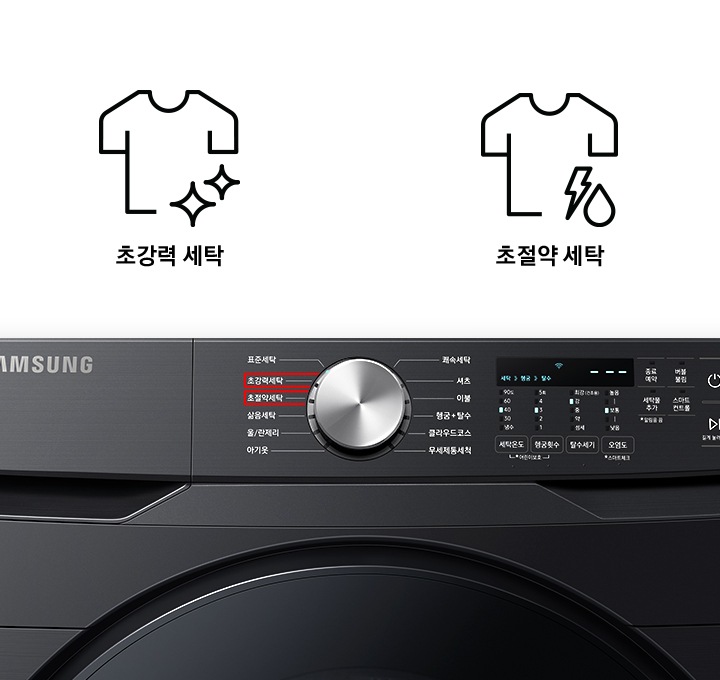 세탁기 제품 전면부 초강력 세탁, 초절약 세탁 부분을 보여주고 있습니다.