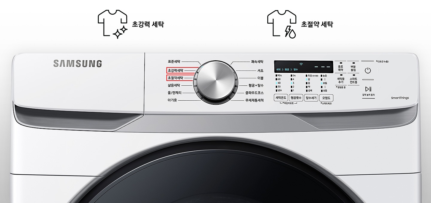 세탁기 제품 전면부 초강력 세탁, 초절약 세탁 부분을 보여주고 있습니다.