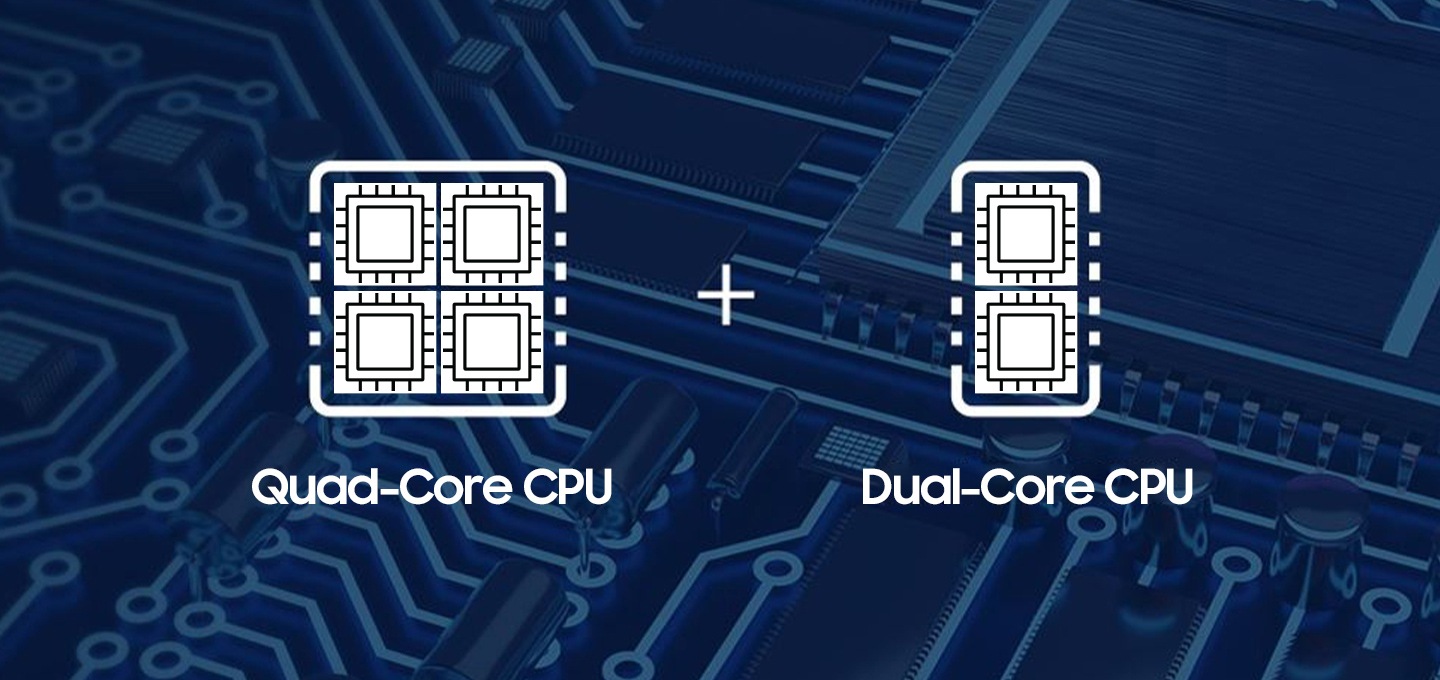 쿼드코어 CPU 아이콘에 듀얼코어 CPU 아이콘을 합친 이미지