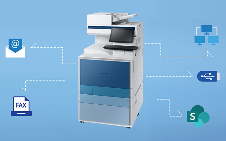 MX9 제품과 이메일, SharePoint, 네트워크 폴더, USB 드라이브, 팩스 아이콘이 각각 연결된 이미지