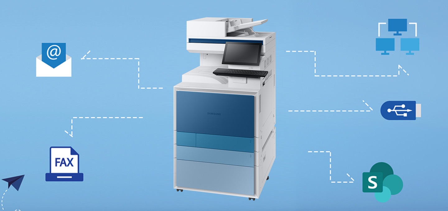 MX9 제품과 이메일, SharePoint, 네트워크 폴더, USB 드라이브, 팩스 아이콘이 각각 연결된 이미지