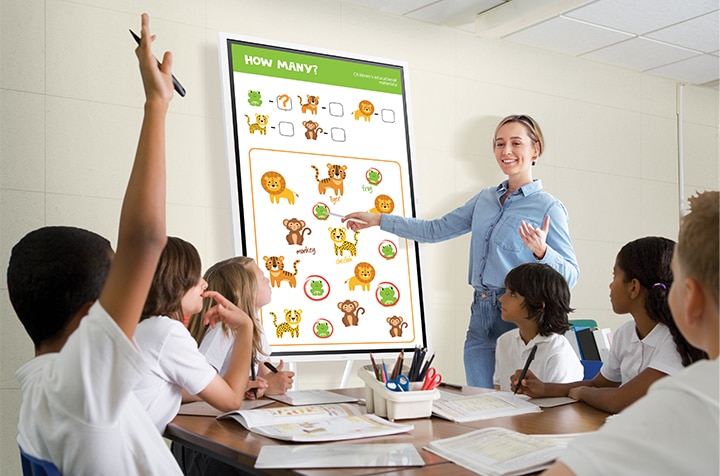 전자칠판 Flip Pro에 띄워진 개구리 그림을 가리키는 선생님과 선생님을 바라보는 5명의 학생 중 한 학생이 손을 들고 선생님과 눈을 마주치는 이미지.