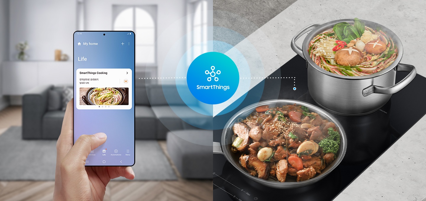 SmartThings 앱과 인덕션이 서로 연동하고 있음을 연출한 이미지. 