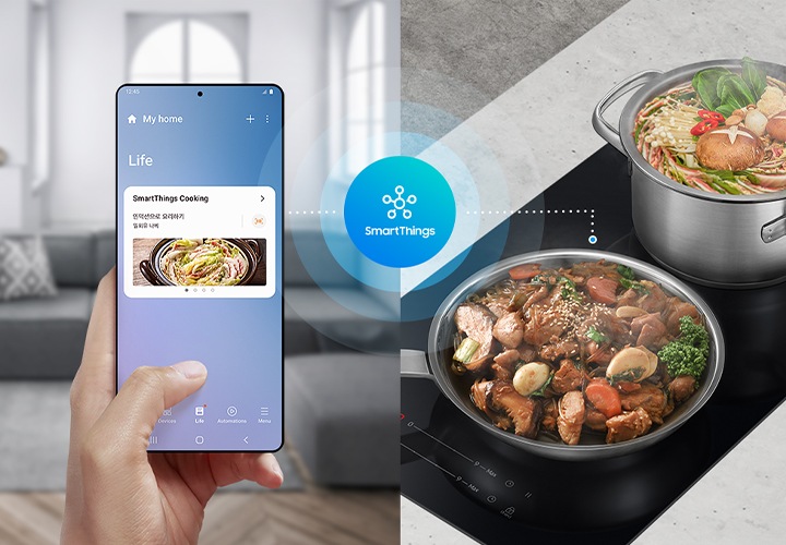 SmartThings 앱과 인덕션이 서로 연동하고 있음을 연출한 이미지. 