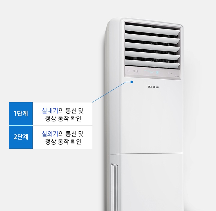 제품이 설치되어 있으며, 1단계 2단계의 실내기/실외기 동신 및 정상 동작확인을 설명해주고 있습니다.