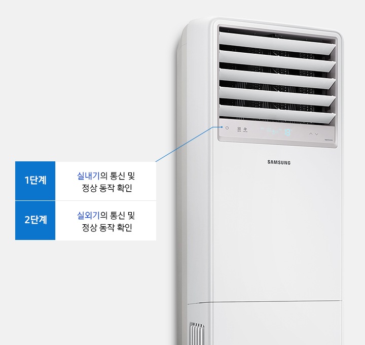 제품이 설치되어 있으며, 1단계 2단계의 실내기/실외기 동신 및 정상 동작확인을 설명해주고 있습니다.