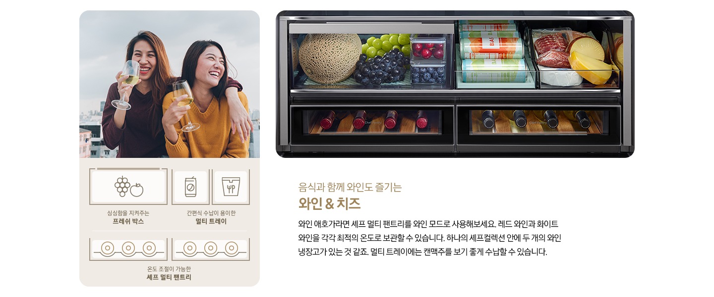 좌측에 두 여성이 화이트 와인을 마시고 있는 사진입니다. 아래에 포도/사과 아이콘과 싱싱함을 지켜주는 프레쉬 박스, 캔음료 아이콘, 간편식 파우치 아이콘과 간편식 수납이 용이한 멀티 트레이, 수납된 와인병 아이콘과 온도 조절이 가능한 셰프 멀티 팬트리 문구가 나와있습니다. 우측에는 멜론/포도, 캔음료, 치즈, 와인이 수납된 제품 내상컷이 나와있습니다. 내상컷 아래에는 음식과 함께 와인도 즐기는 와인&치즈, 와인 애호가라면 셰프 멀티 팬트리를 와인 모드를 사용해보세요. 레드 와인과 화이트 와인을 각각 최적의 온도로 보관할 수 있습니다. 하나의 셰프컬렉션 안에 두 개의 와인 냉장고가 있는 것 같죠. 멀티 트레이에는 캔맥주를 보기 좋게 수납할 수 있습니다.