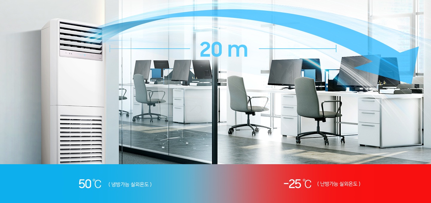 사무실 배경 이미지. 냉방가능 실외온도 50도, 난방가능 실외온도 -25도, 20m까지 전달 가능한 롱바람.