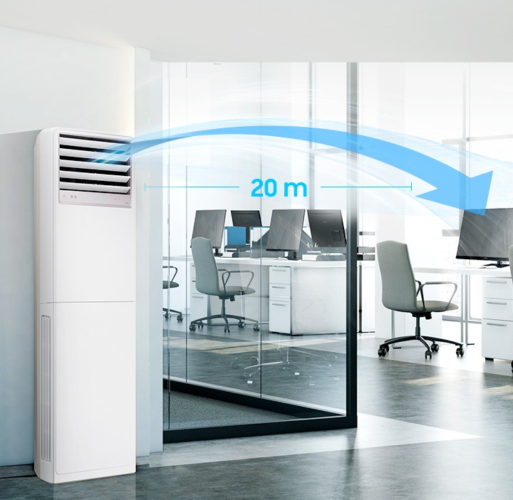 에어컨이 사무실에 설치되어 있으며, 20m까지 바람이 넓게 나가는 것을 바람과 화살표 이미지로 표현하고 있습니다.
