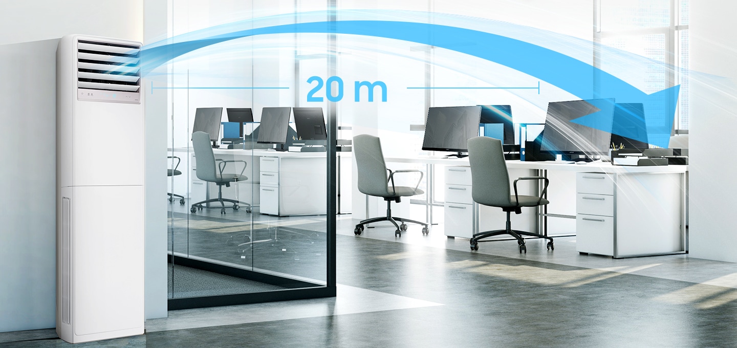 에어컨이 사무실에 설치되어 있으며, 20m까지 바람이 넓게 나가는 것을 바람과 화살표 이미지로 표현하고 있습니다.