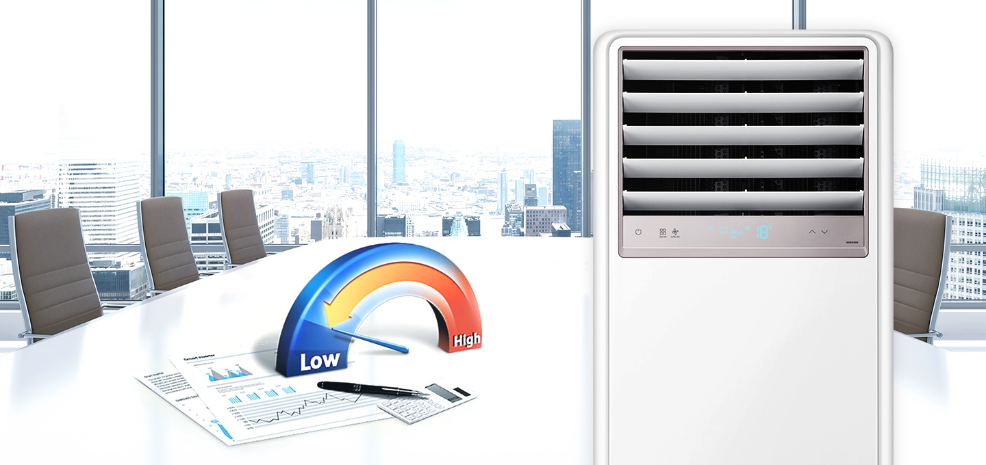 통창의 사무실을 배경으로 에어컨 정면이 보이고 그 옆에는 High에서 Low로 에너지 소비와 전기료 부담이 낮아짐을 표현한 이미지가 함께 배치되어 있습니다.
