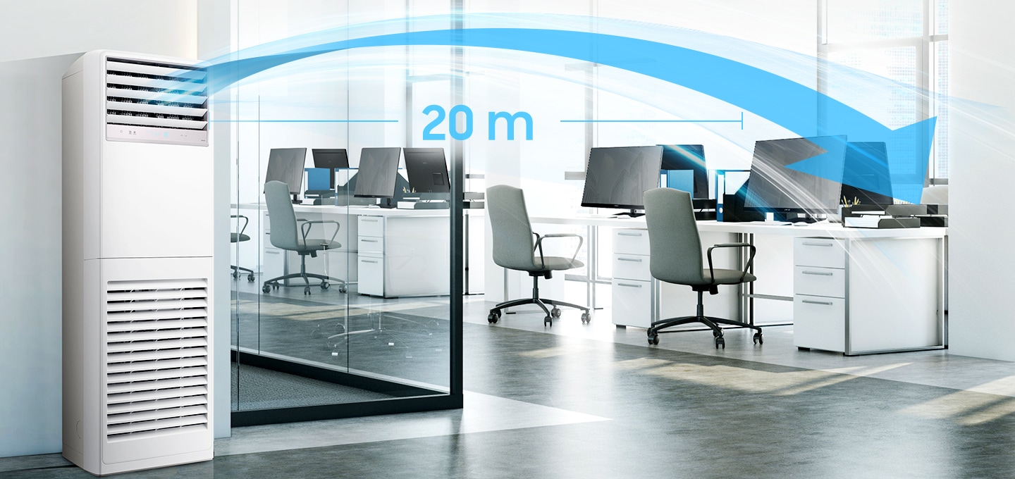에어컨이 사무실에 설치되어 있으며, 20m까지 바람이 넓게 나가는 것을 바람과 화살표 이미지로 표현하고 있습니다.