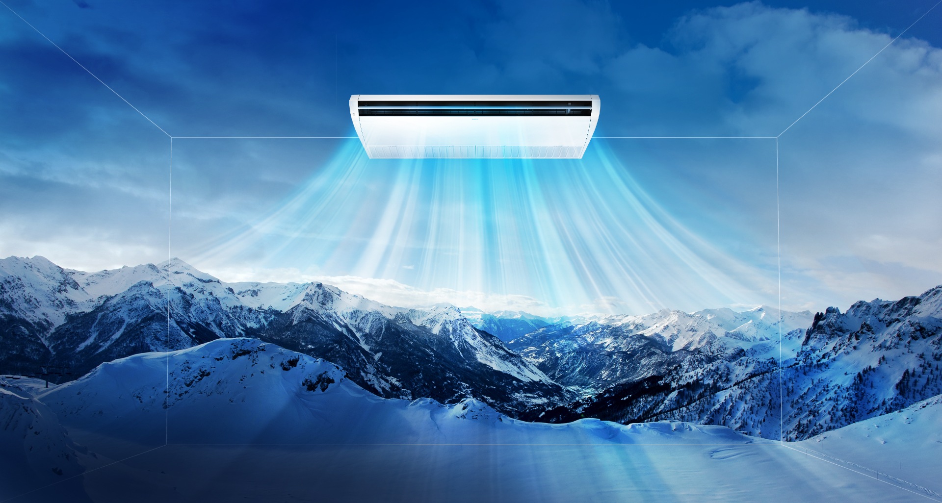 설산을 배경으로 에어컨이 찬바람을 내뿜는 이미지