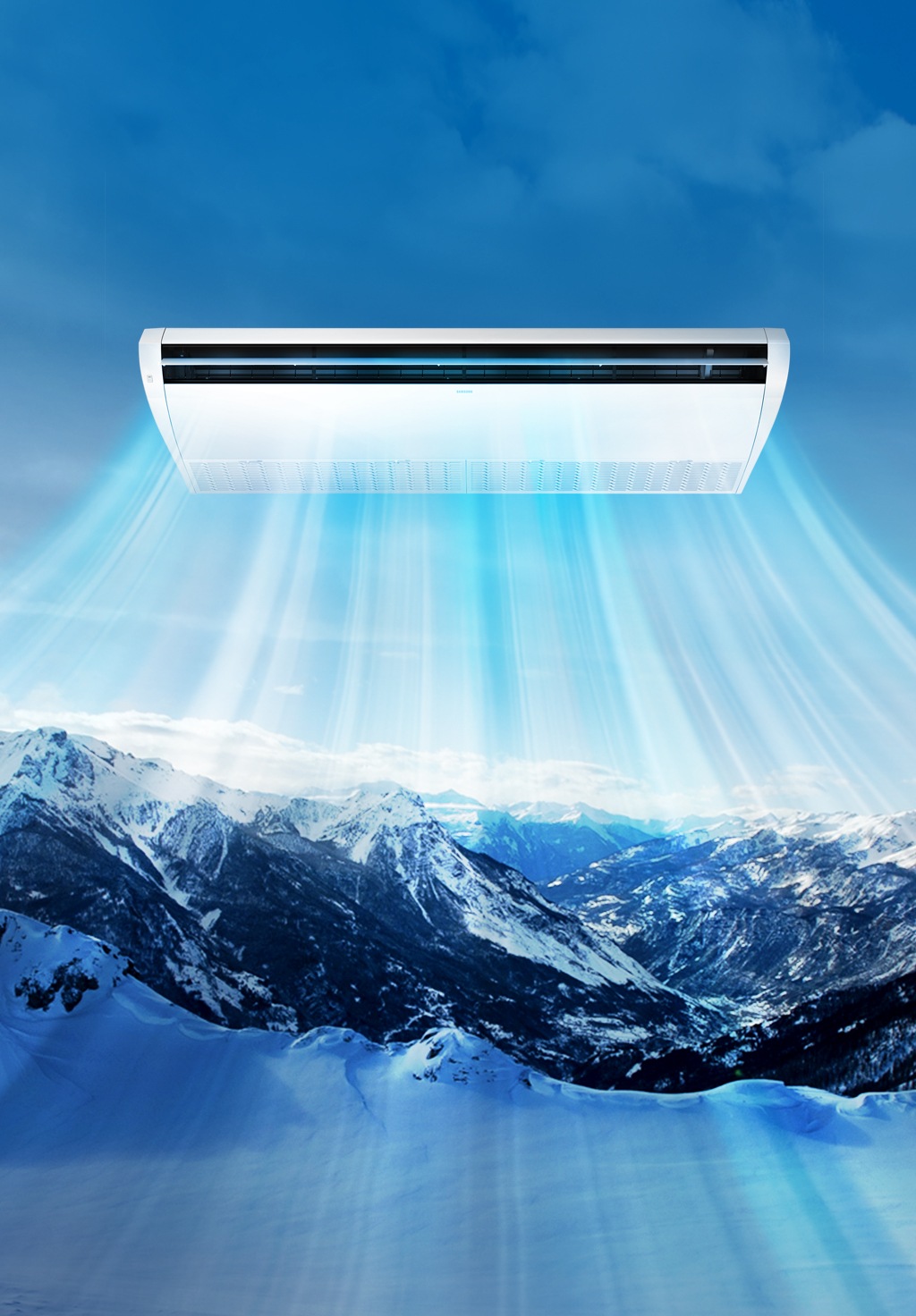 설산을 배경으로 에어컨이 찬바람을 내뿜는 이미지