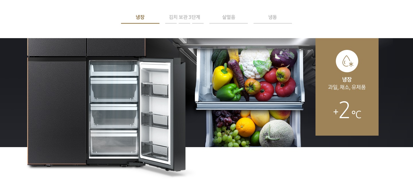 위에서 아래로 내려다본 맞춤보관실 위 칸에 파프리카, 토마토, 브로콜리 등의 채소가 가득 보관되어 있고, 아래 칸에는 다양한 과일이 보관되어 있습니다.