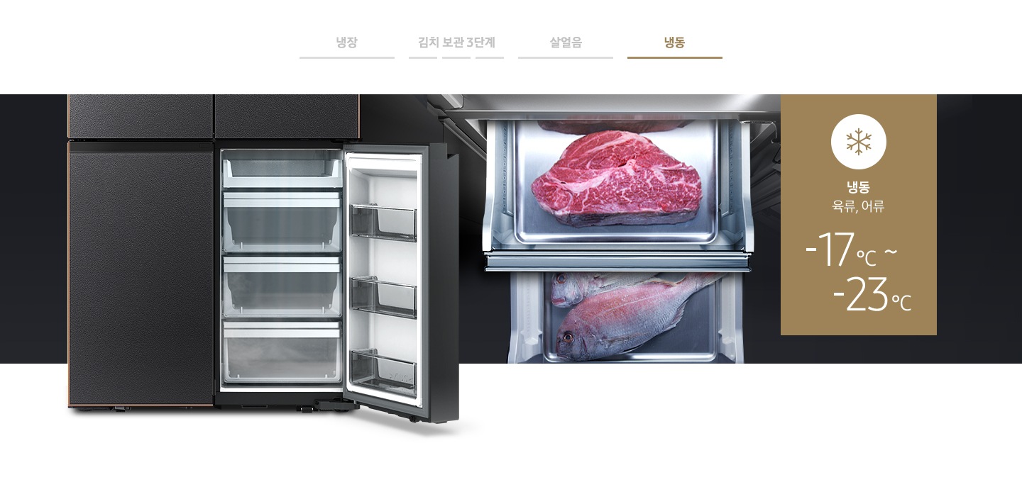 위에서 아래로 내려다본 맞춤보관실 위 칸에 육류가 보관되어 있고, 아래 칸에 생선이 보관되어 있습니다. 