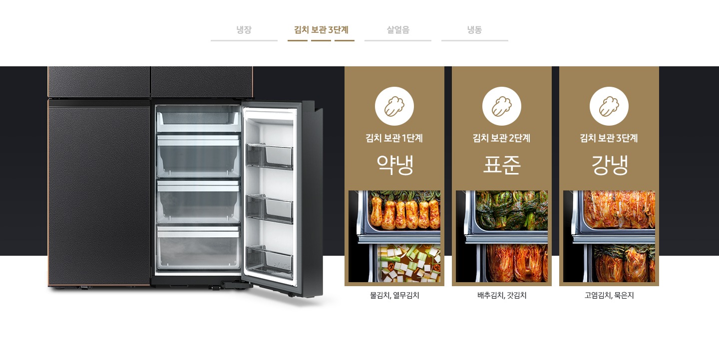 위에서 아래로 내려다본 맞춤보관실 위,아래 칸에 각종 김치가 보관되어 있습니다.