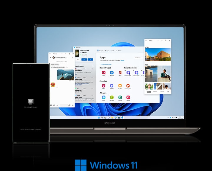 갤럭시 S23 Ultra와 갤럭시 북이 나란히 정면을 향해 놓여져 있습니다. 갤럭시 S23 Ultra 화면에는 윈도우 링크가 나타나 있고, 갤럭시 북 화면에는 스마트폰에 저장된 사진 파일과 문자메시지, 사진과 애플리케이션 등 다양한 창이 열려 있습니다. Windows 11 로고가 나타납니다.