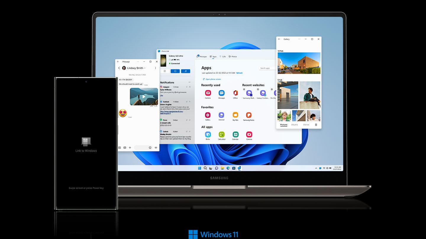 갤럭시 S23 Ultra와 갤럭시 북이 나란히 정면을 향해 놓여져 있습니다. 갤럭시 S23 Ultra 화면에는 윈도우 링크가 나타나 있고, 갤럭시 북 화면에는 스마트폰에 저장된 사진 파일과 문자메시지, 사진과 애플리케이션 등 다양한 창이 열려 있습니다. Windows 11 로고가 나타납니다.