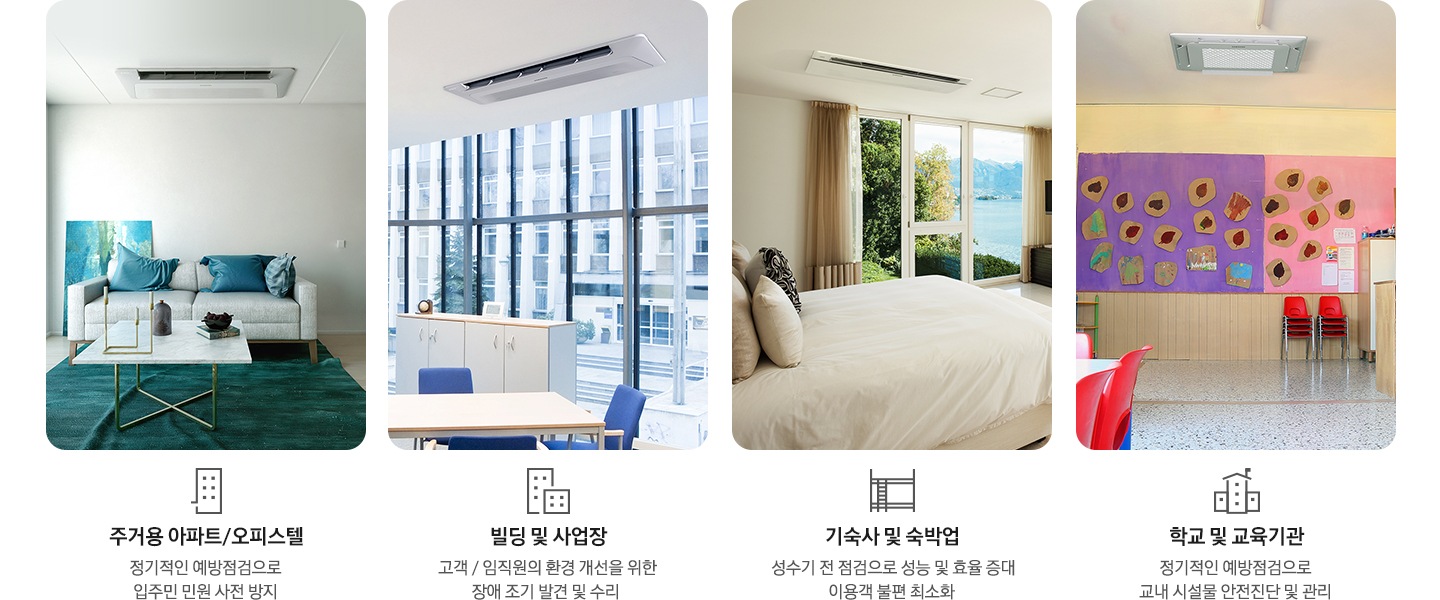 쇼파가 배치된 거실 천장에 시스템에어컨이 설치되어 있는 모습과 함께 주거용 아파트 오피스텔 정기적인 예방점검으로 입주민 민원 사전 방지 라는 텍스트가 있습니다. 통유리창이 있는 사무실 천장에 시스템에어컨이 설치되어 있는 모습과 함께 빌딩 및 사업장 고객, 임직원의 환경 개선을 위한 장애 조기 발견 및 수리 라는 텍스트가 있습니다. 통창이 있는 침실 천장에 시스템에어컨이 설치되어 있는 모습과 함께 기숙사 및 숙박업 성수기 전 점검으로 성능 및 효율 증대 이용객 불편 최소화 라는 텍스트가 있습니다. 창작활동 게시물이 붙어있는 학교의 벽과 그 천장에 시스템에어컨이 설치되어 있는 모습과 함께 학교 및 교육기관 정기적인 예방점검으로 교내 시설물 안전진단 및 관리 라는 텍스트가 있습니다.