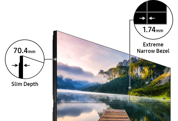 70.4mm의 슬림한 두께와 1.8mm 얇은 베젤을 설명하고 있습니다.