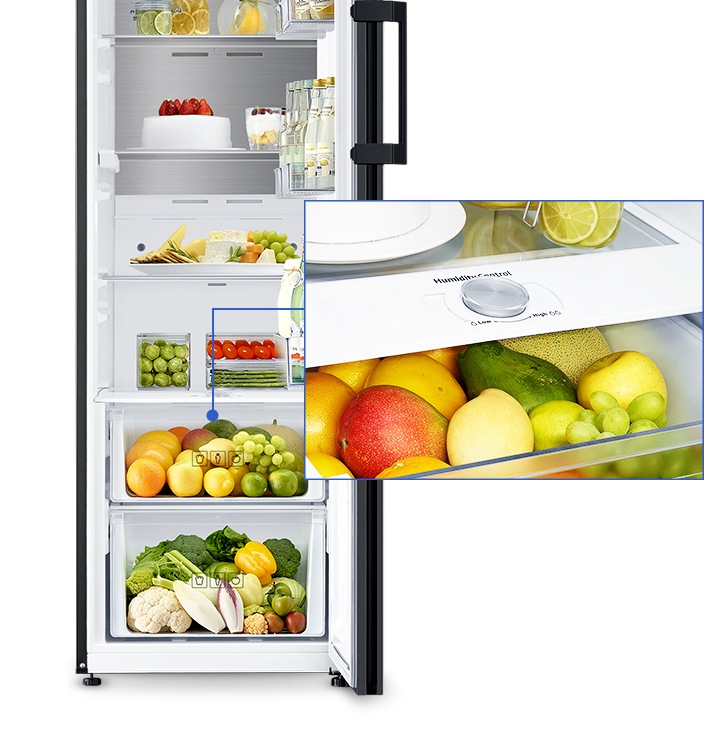 도어가 열린 냉장고의 습도 조절이 가능한 빅박스의 조작부가 확대되어 보여지고 있습니다.