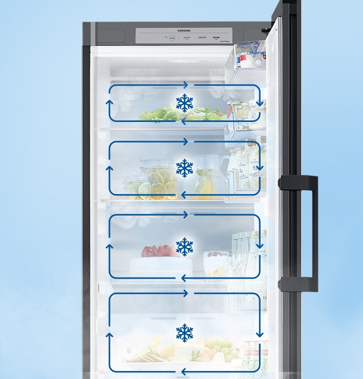 냉장고 문이 열려있으며, 안에 칸마다 음식이 놓여져 있습니다. 칸에 각각 멀티 냉각 시스템을 나타내는 인포그래픽이 보여집니다.
