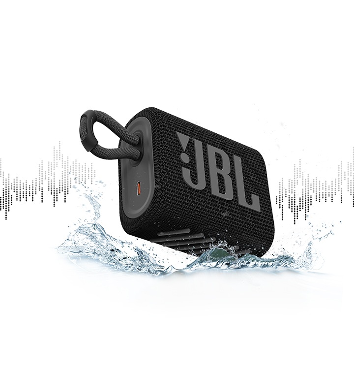 JBL GO 3 제품 하단에 물방울이 튀어있고, 제품에 좌우측에는 음파효과가 있습니다.