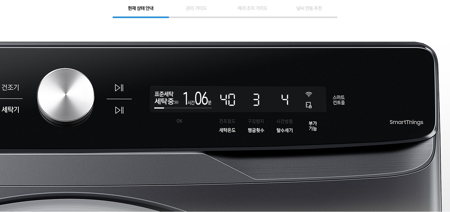 현재 상태안내를 나타내는 이미지와 제품의 조작부가 확대된 모습입니다.