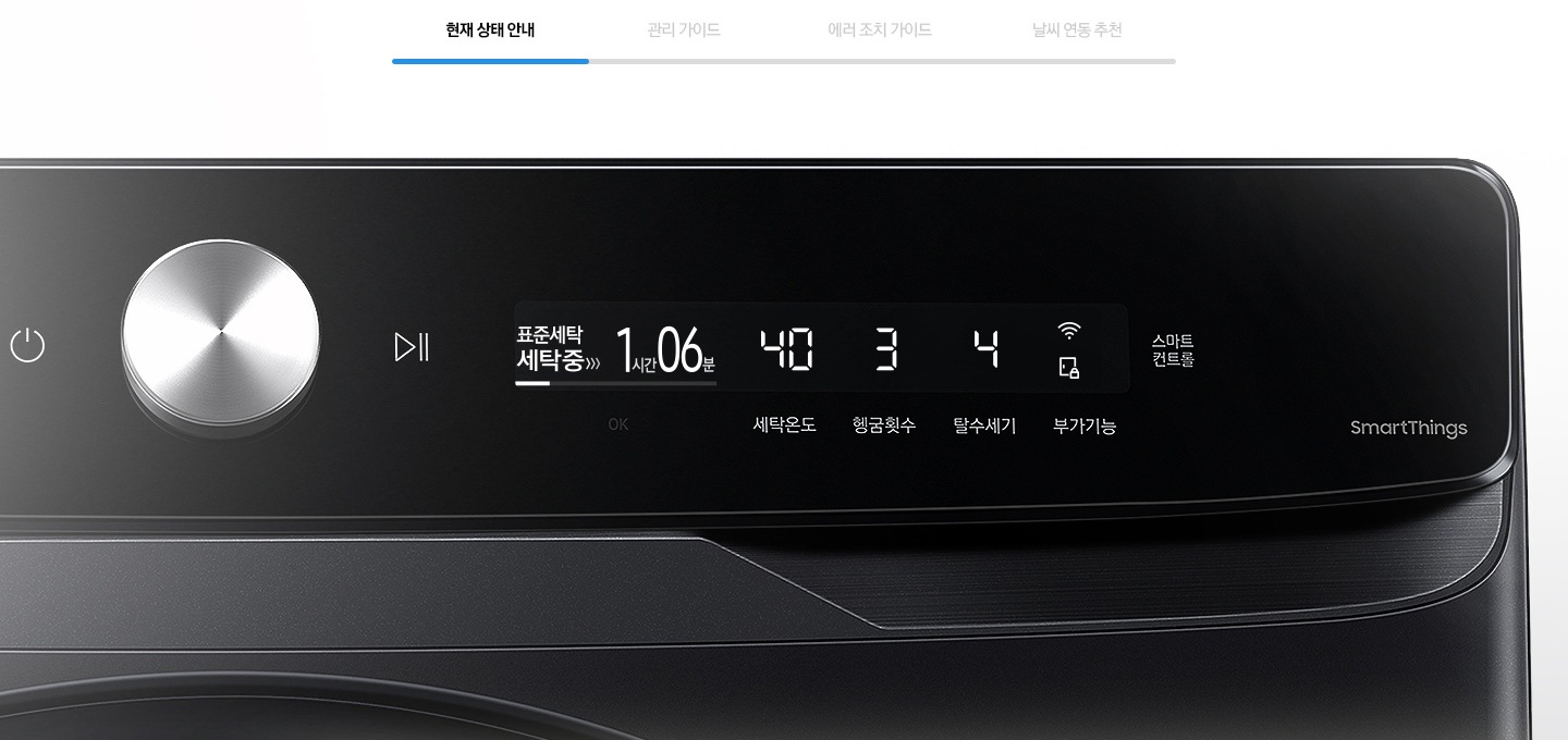 현재 상태안내를 나타내는 이미지와 제품의 조작부가 확대된 모습입니다.