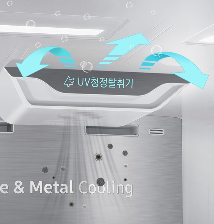 UV청정탈취기의 확대된 모습이 보여지고, 탈취기에서 이온이 나오는 모습을 공기방울과 화살표로 나타내고 있습니다.