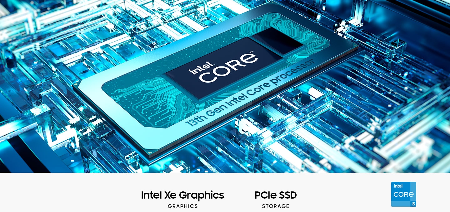메인보드 안에 연출된 CPU의 연출 이미지가 있습니다. CPU에는 intel® Core™라는 텍스트가 중앙에 있습니다. 하단에는 인텔 Xe 그래픽, PCIe SSD 스토리지라는 텍스트가 쓰여 있으며, Intel Evo i7 및 Intel Evo i5 로고가 표시되어 있습니다.