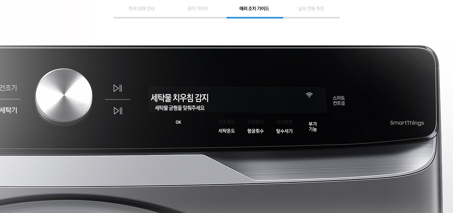 에러 조치 가이드를 나타내는 이미지와 제품의 조작부가 확대된 모습입니다.