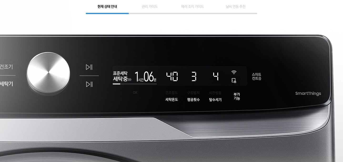 현재 상태안내를 나타내는 이미지와 제품의 조작부가 확대된 모습입니다.