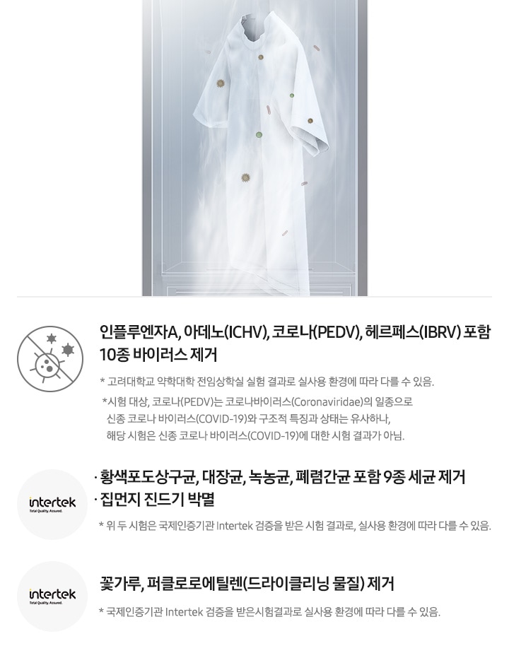 삼성 에어드레서를 옆에서 본 상태로 내부가 투영된 모습입니다. 내부에는 안감케어 옷걸이에 와이셔츠가 한벌 걸려 있으며, 아래에서 분사되는 스팀을 통해 바이러스와 유해세균이 제거되는 모습입니다.