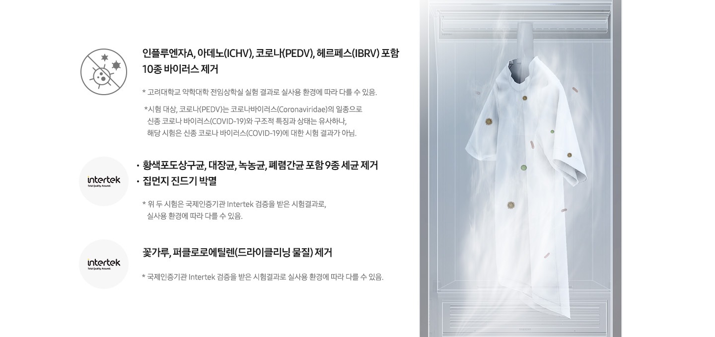 삼성 에어드레서를 옆에서 본 상태로 내부가 투영된 모습입니다. 내부에는 안감케어 옷걸이에 와이셔츠가 한벌 걸려 있으며, 아래에서 분사되는 스팀을 통해 바이러스와 유해세균이 제거되는 모습입니다.