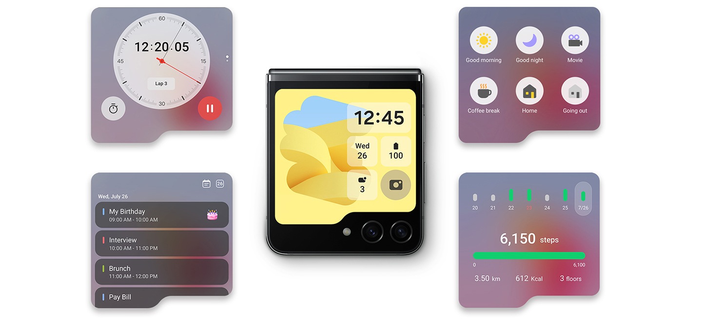 갤럭시 Z 플립5가 접힌 상태로 플렉스 윈도우를 표시하고 있습니다. 주변에는 스톱워치, 스마트 싱스 장면, 캘린더, 삼성헬스 걸음 수 등 플렉스 윈도우로 볼 수 있는 다양한 앱 인터페이스가 타일 형태로 배열되어 있습니다.