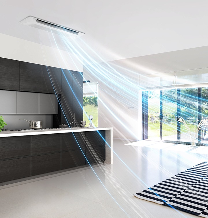 넓은 거실에 무풍 1way 실내기가 설치되어 있습니다.