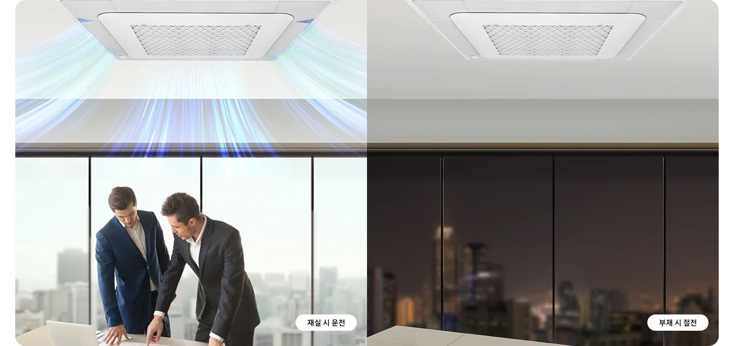 무풍 4way 에어컨이 천장에 설치되어 있고 한쪽엔 실내 공간에 사람이 있을때 운전 모습이며, 재실 시 운전 이라고 표기되어 있습니다. 반대쪽엔 부재 시 절전 된 모습이며 부재 시 절전 이라고 표기되어 있습니다.무풍 4way 에어컨이 천장에 설치되어 있고 한쪽엔 실내 공간에 사람이 있을때 운전 모습이며, 재실 시 운전 이라고 표기되어 있습니다. 반대쪽엔 부재 시 절전 된 모습이며 부재 시 절전 이라고 표기되어 있습니다.