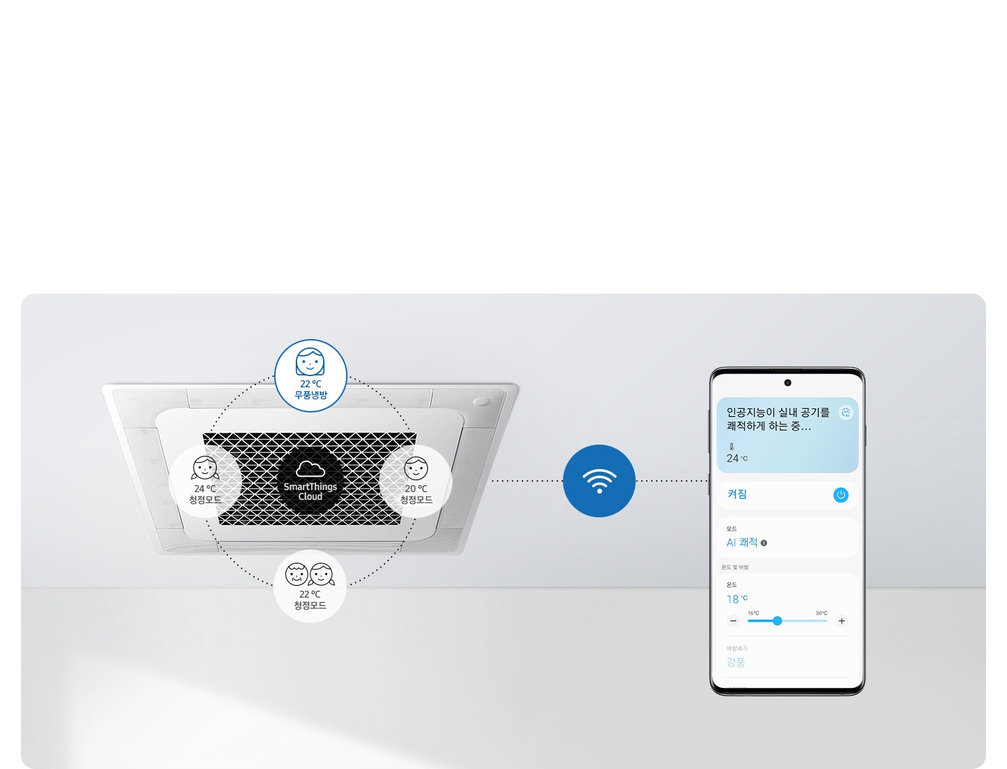 와이파이로 시스템에어컨과 모바일이 연결된 모습입니다. 모바일 화면엔 SmartThings 화면이 보여집니다.