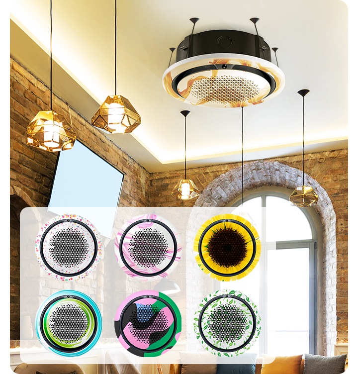 카페 천장에 제품이 설치 되어 있으며, 왼쪽 하단에 다양한 디자인 판넬을 보여주고 있습니다.