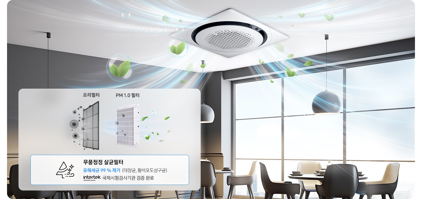 카페 천장에 360제품이 설치되어 있으며, 왼쪽 하단에 프리필터, PM1.0필터 이미지가 있습니다. 필터 이미지 하단으로는 무풍청정 살균필터 유해세균 99%제거 (대장균, 황색포도상구균) intertek 국제시험검사기관 검증 완료 라는 텍스트와 함께 로고가 있습니다.