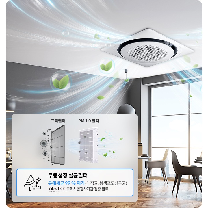 카페 천장에 360제품이 설치되어 있으며, 왼쪽 하단에 프리필터, PM1.0필터 이미지가 있습니다. 필터 이미지 하단으로는 무풍청정 살균필터 유해세균 99%제거 (대장균, 황색포도상구균) intertek 국제시험검사기관 검증 완료 라는 텍스트와 함께 로고가 있습니다.