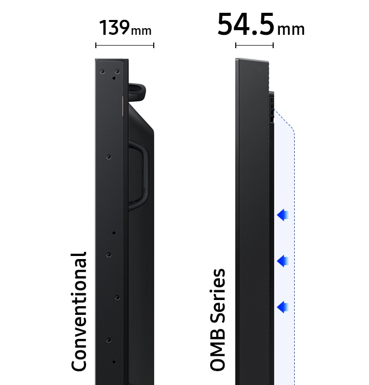 2개의 사이니지 완측면 컷으로 왼쪽 제품은 기존 제품으로 폭 139 mm, 오른쪽 제품은 OMB 시리즈로  폭 54.5 mm 로 슬림한 점을 보여주고 있습니다.