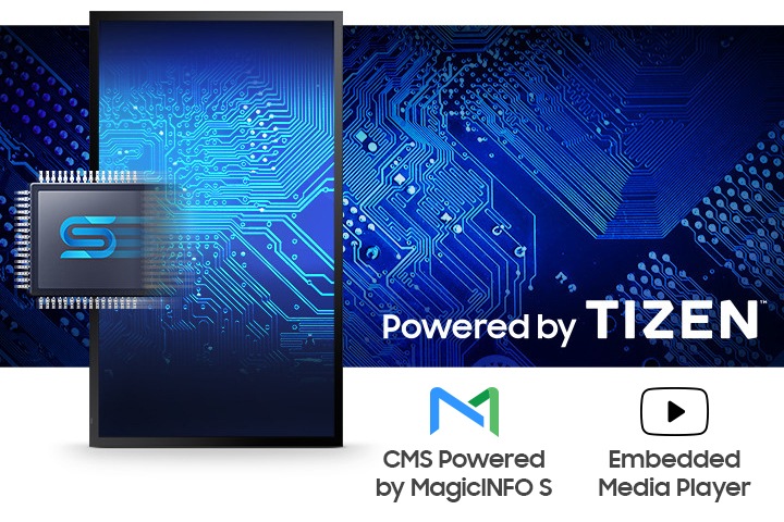 핵심칩과 회로를 표현한 이미지가 있으며, 오른쪽에는 Powered by TIZEN 이라는 문구와 함께 아래로 MagicINFO S 로고와 Enbedded Media Player 로고가 배치되어 있습니다.